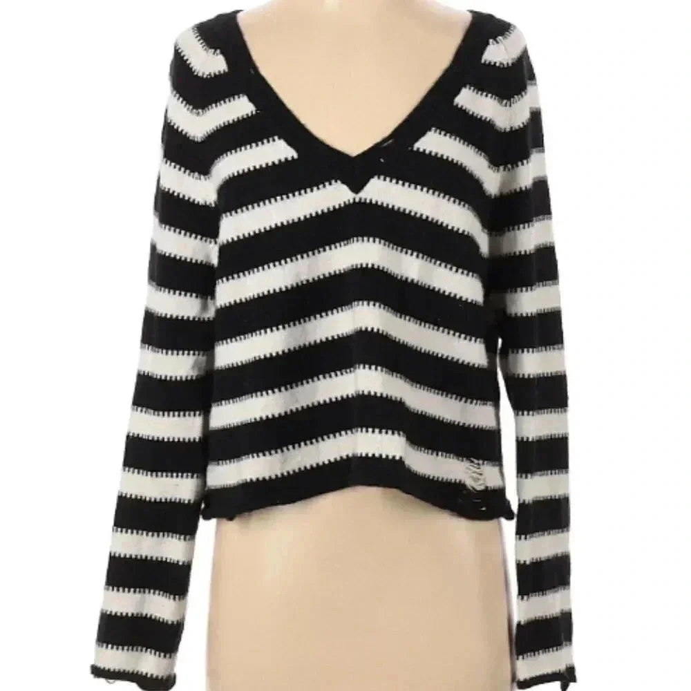 Wildfox Distressed Striped Vneck Sweater Black White